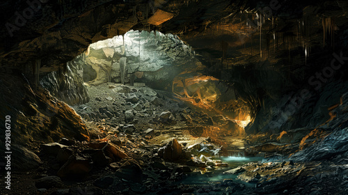 A Deep, Mystical Cave With a Stream Running Through It photo