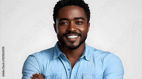 A smiling man in a denim sh...