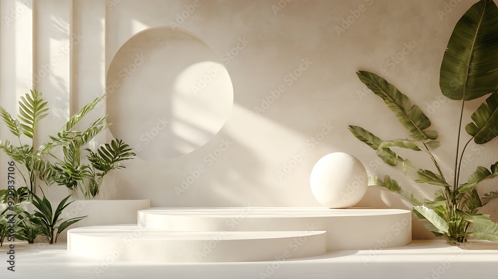 Minimalist Product Display with White Podium and Tropical Plants Minimalist Product Display with White Podium and Tropical Plants