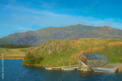 Digital oil painting of a person in a red jacket taking a photograph of Yr Wyddfa in the Eryri National Park, Wales. photo