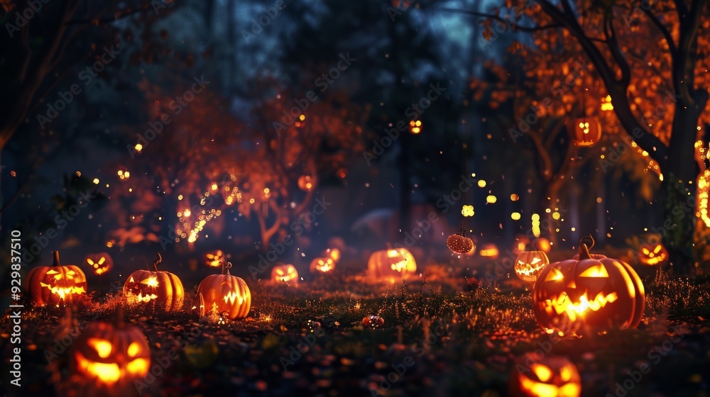 Scary Halloween dark park with pumpkins and trees in the night. Halloween, concept. Glowing pumpkin Scary Halloween dark park with pumpkins and trees in the night. Halloween, concept. Glowing pumpkin