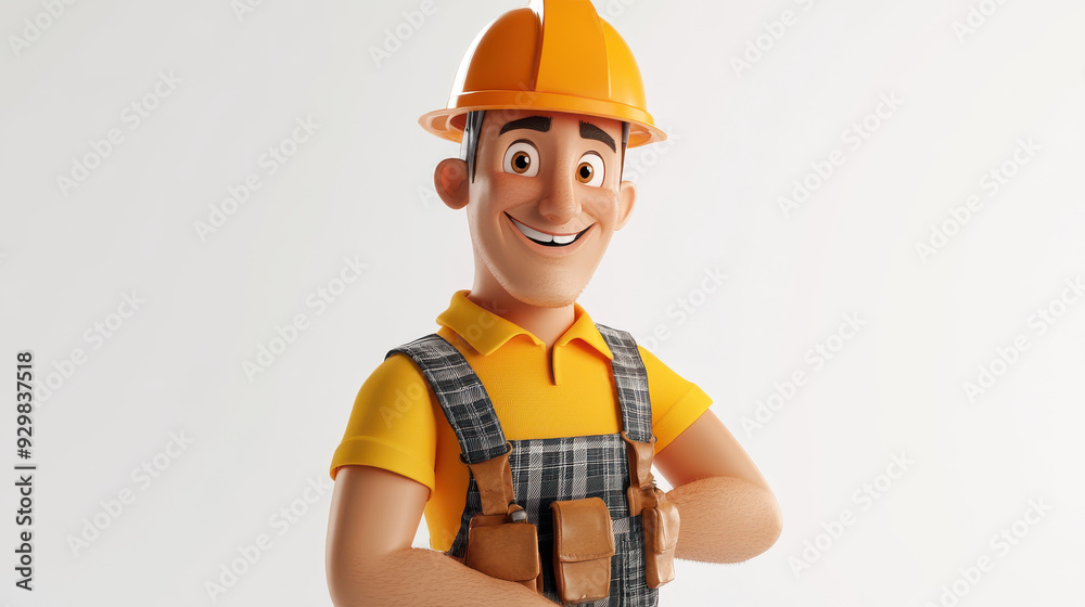 3D happy construction worker with a hard hat on a bright white background