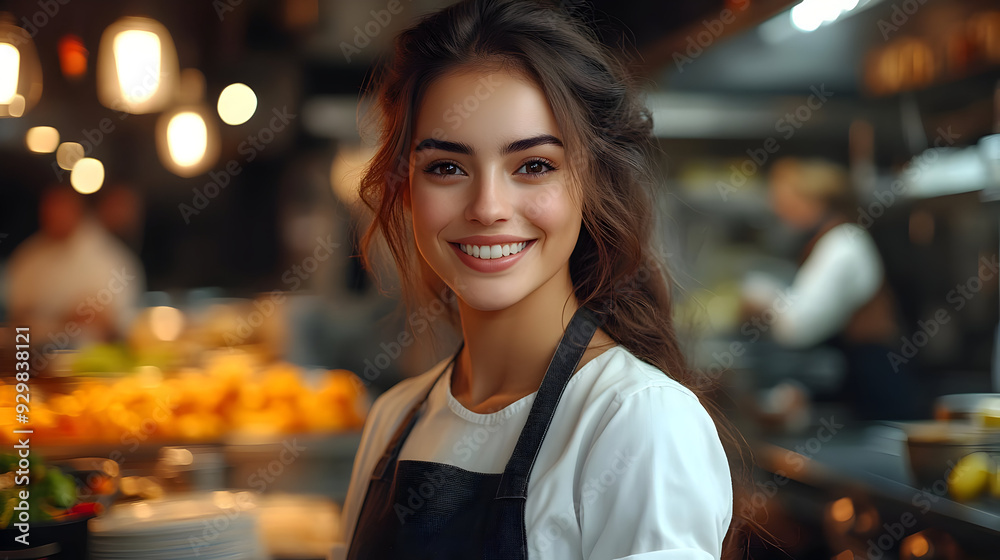 A smiling young woman in a kitchen setting, wearing an apron. A smiling young woman in a kitchen setting, wearing an apron.