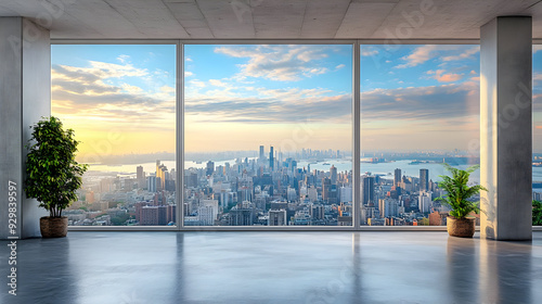 A spacious room with large windows showcasing a city skyline at sunset.