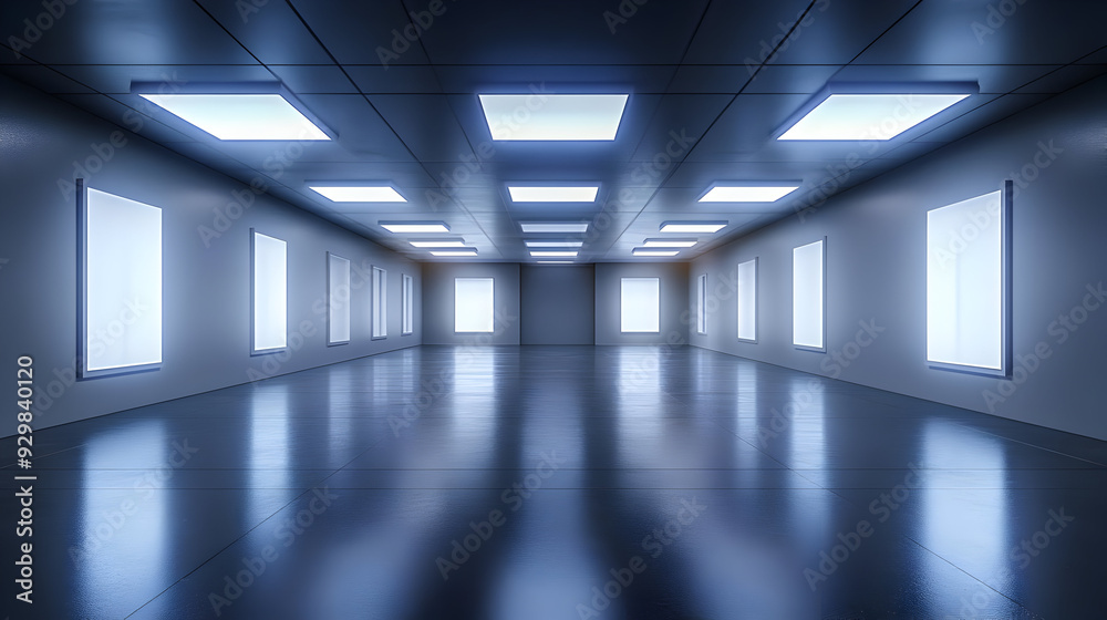 A spacious, modern room with bright lighting and reflective floors. A spacious, modern room with bright lighting and reflective floors.