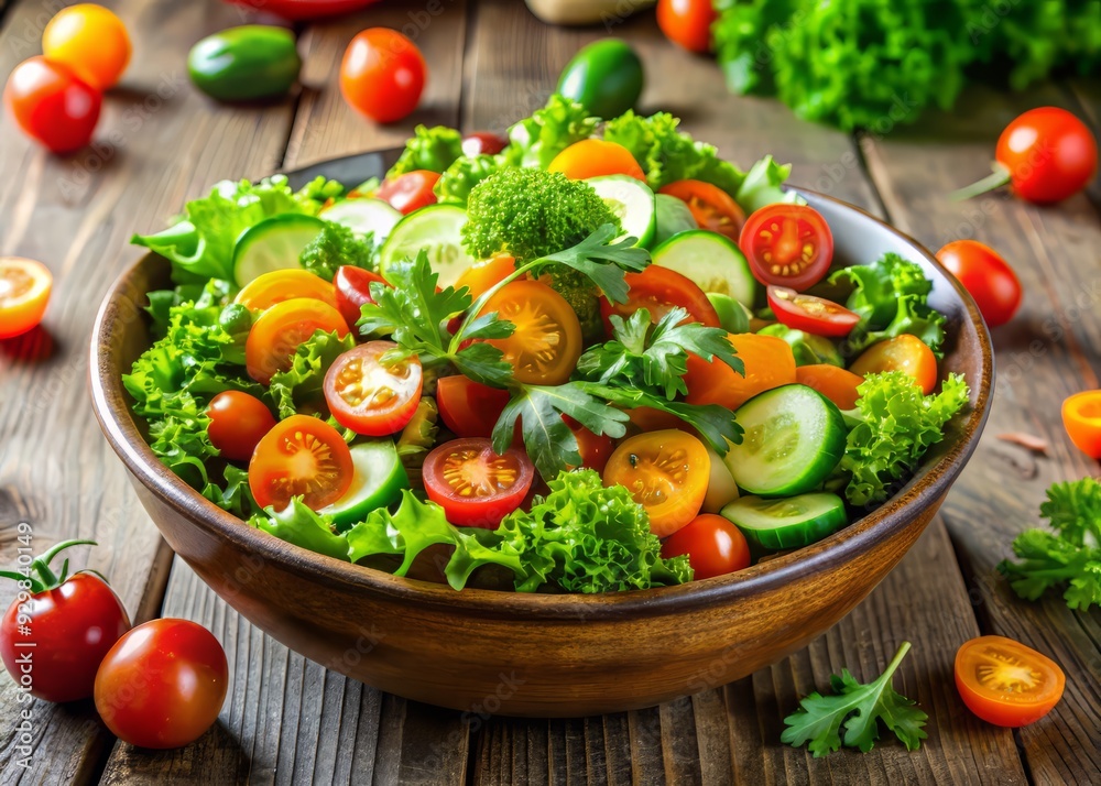 Vibrant bowl filled with a fresh mix of cherry tomatoes, crisp lettuce, juicy cucumber, crunchy carrots, and fragrant parsley, topped with a light vinaigrette. Vibrant bowl filled with a fresh mix of cherry tomatoes, crisp lettuce, juicy cucumber, crunchy carrots, and fragrant parsley, topped with a light vinaigrette.