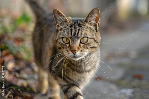 Tabby cat walking towards camera with intense stare