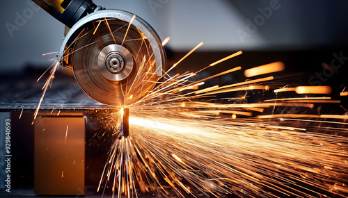 Close-up of angle grinder cutting metal with flying sparks