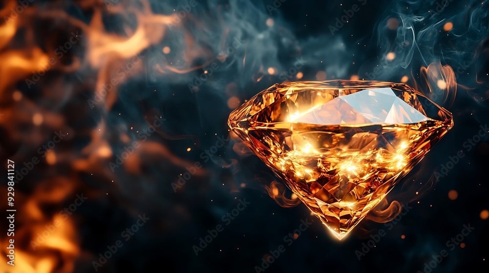 Sparkling diamond with fire and smoke background.