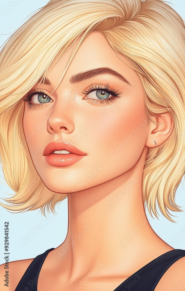 A striking monochrome portrait of a blonde woman, showcasing realistic chiaroscuro lighting in a fashion illustration style. A striking monochrome portrait of a blonde woman, showcasing realistic chiaroscuro lighting in a fashion illustration style.