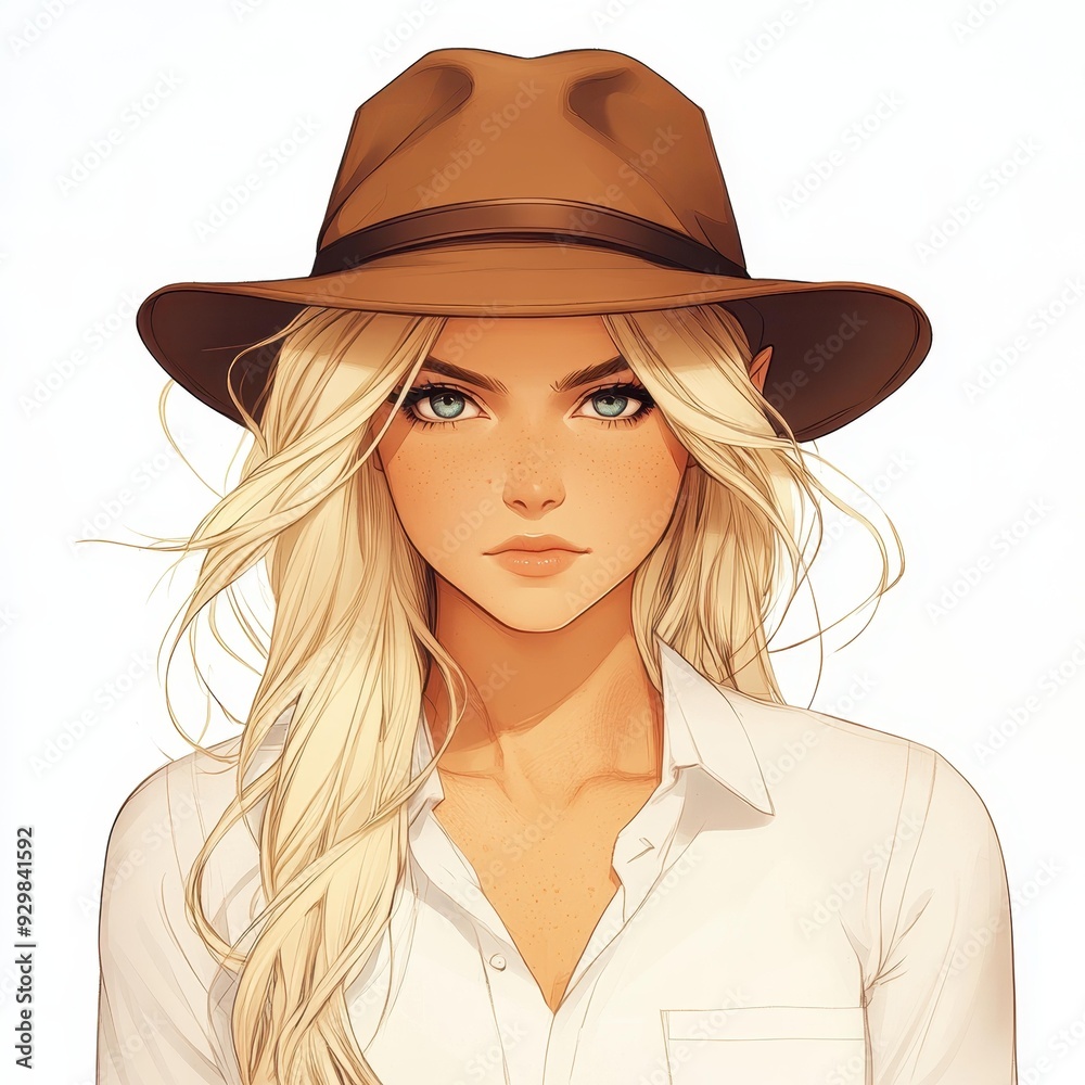 A female blonde elf archaeologist dons a white shirt and brown fedora, ready for adventure in a comic book style. A female blonde elf archaeologist dons a white shirt and brown fedora, ready for adventure in a comic book style.