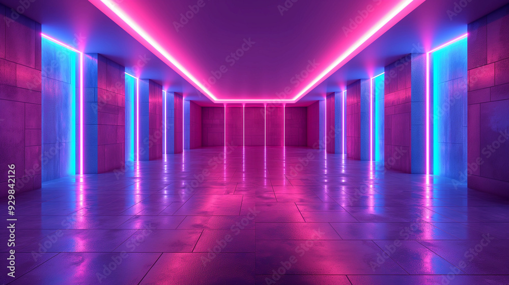 Futuristic neon-lit corridor with reflective floor and vibrant pink and blue lighting. Copy space. Generative AI	