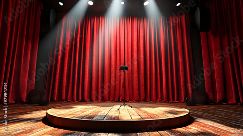 A stage with red curtains a...