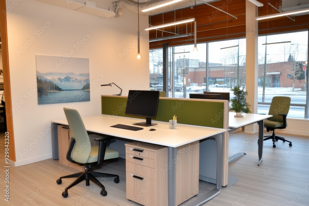 A modern and minimalist office space with white walls A modern and minimalist office space with white walls