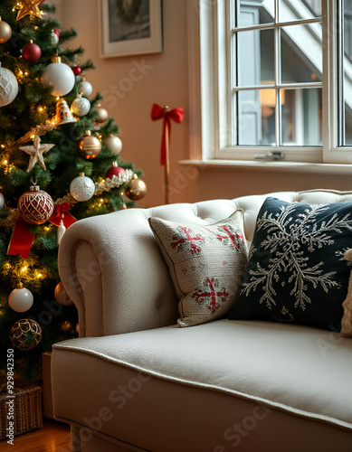 a cozy living room with a christmas tree, decorated with ornaments and lights, beige sofa with patterned throw pillows, window snowy outdoor scene photo