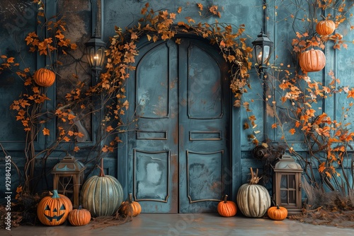 A beautifulHalloween backdrop with  festive and spooky elements. photo