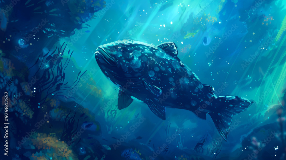 Fototapeta premium A Large, Spotted Fish Swimming Through Blue Water