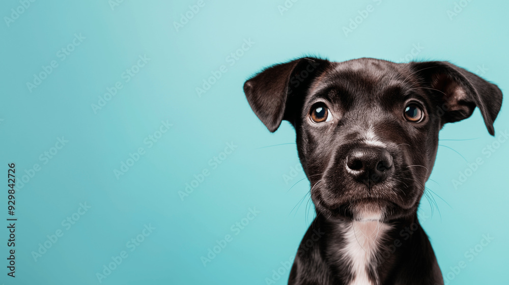 Adorable black puppy with curious eyes against blue background. Copy space. Generative AI Adorable black puppy with curious eyes against blue background. Copy space. Generative AI
