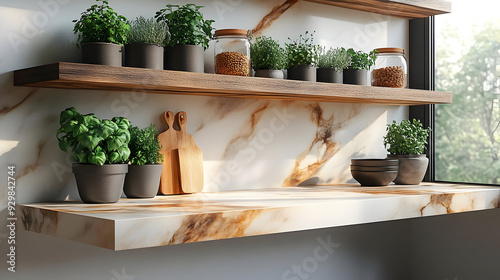 A stylish kitchen shelf wit...