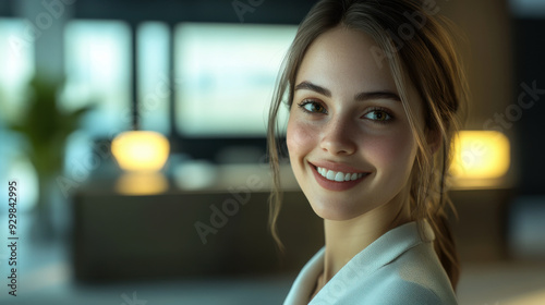 Free Download 8k image of a smiling business woman in an office, realistic lighting, highly detailed, high resolution, created with unreal engine - GFXLoad