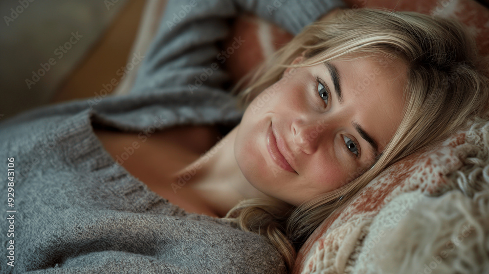 Young woman relaxing comfortably on a cozy bed. Generative AI Young woman relaxing comfortably on a cozy bed. Generative AI