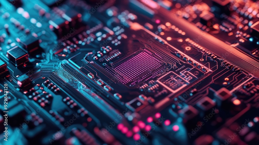 Close-up of a Circuit Board with Neon Lights Close-up of a Circuit Board with Neon Lights
