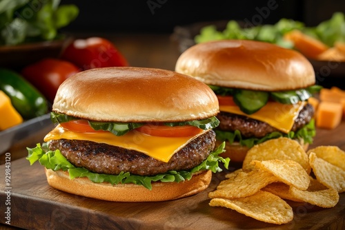 juicy beef burgers on seedless buns, adorned with melted cheddar cheese