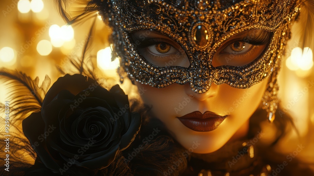 Close-up of a mysterious woman wearing an ornate, jeweled mask and holding a black rose, set against a warm, golden background. Close-up of a mysterious woman wearing an ornate, jeweled mask and holding a black rose, set against a warm, golden background.