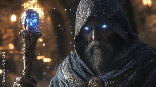 A powerful hooded sorcerer with glowing blue eyes holds an enchanted staff topped with a fiery skull, set in a mystical, dark environment.