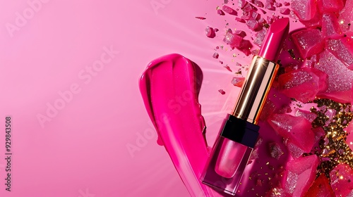 Bright pink and dazzling background with a vibrant pink golden lip gloss and lipstick in a flat lay composition photo