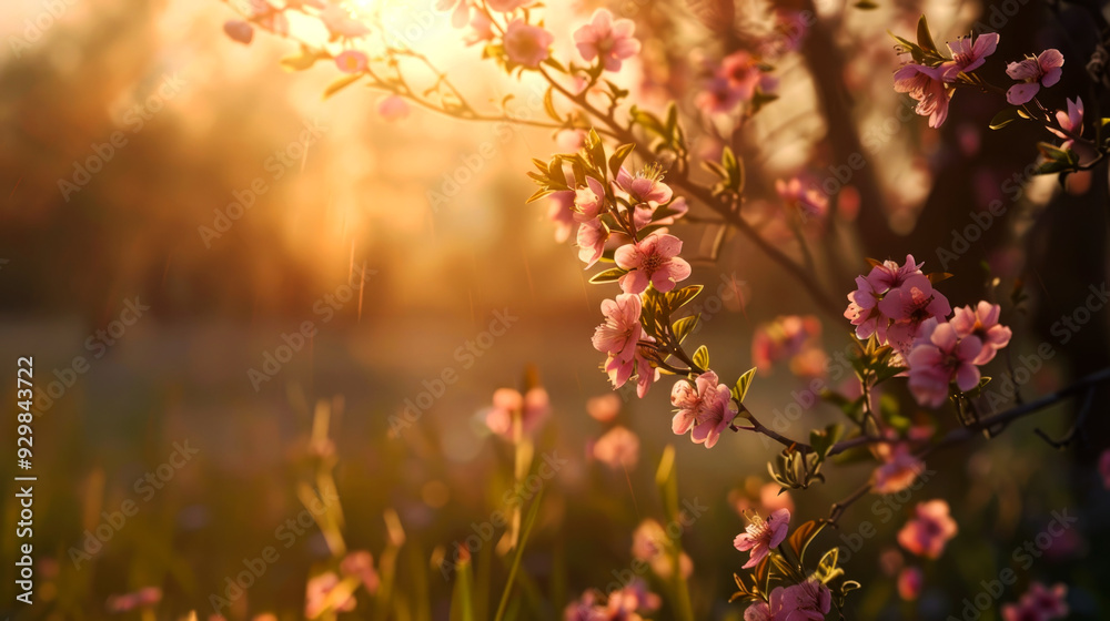 Pink Blossoms on a Branch with a Golden Sunset Background Pink Blossoms on a Branch with a Golden Sunset Background