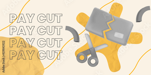 Collage halftone 'Pay Cut' text, broken card, and scissors, Ideal for articles on salary reduction, budget cuts, and finance management