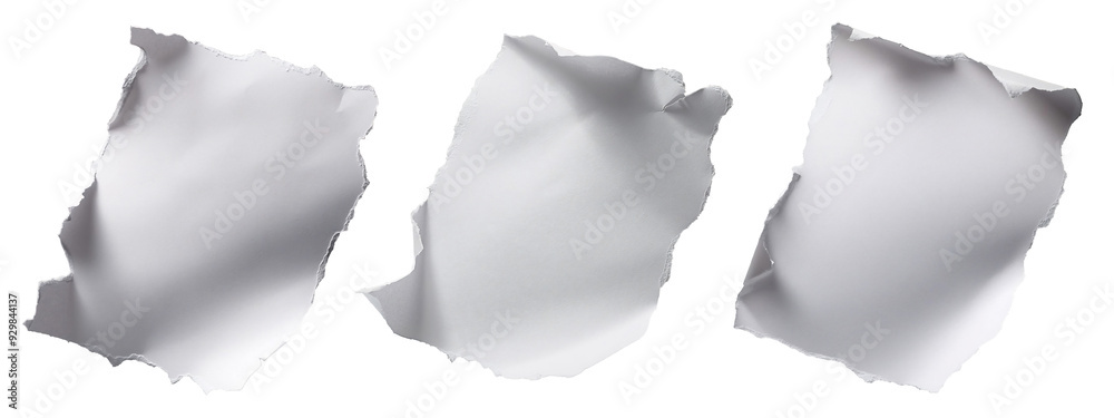 Set Collection of blank torn paper pieces with jagged edges and 3D shadows, floating on a transparent background, suitable for vintage distressed design projects.