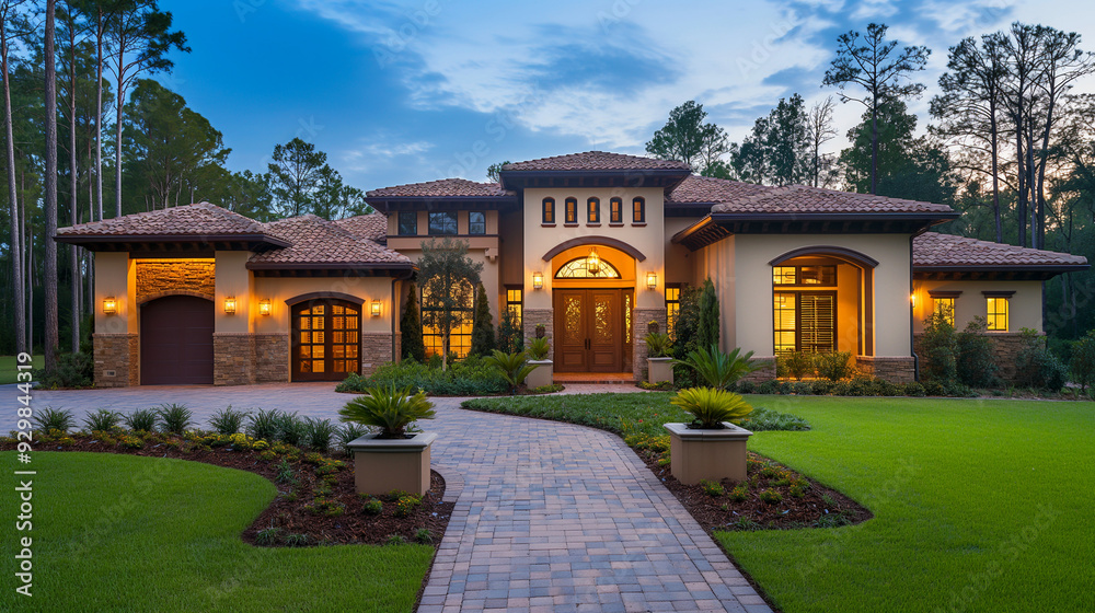 Fototapeta premium Luxury Mediterranean-style home exterior at twilight with lush landscaping and stone accents. Generative AI