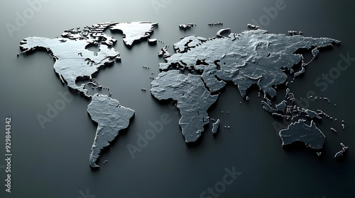 Fototapeta Naklejka Na Ścianę i Meble -  A textured world map design in metallic finish on a dark background.