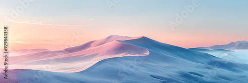 Pastel landscape with hills and panoramic view of the horizon. Pink and blue print with beautiful view of the mountainPink background of women blog for text signs design. Panoramic wallpaper for girls