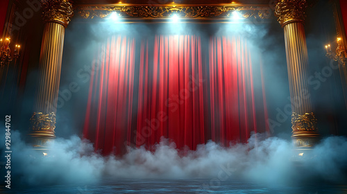 A theatrical stage with red...