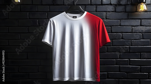 A t-shirt featuring a red a...