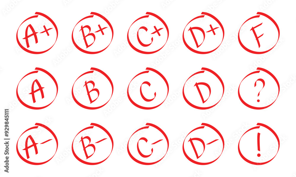 school results grade set. letters and grading marks in red circle for exam, test, homework. transparent png and vector illustration.
