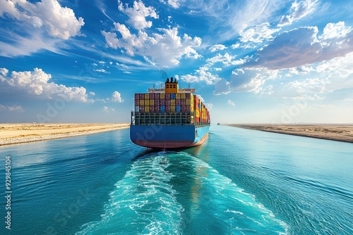 Large container ship navigating through Suez Canal