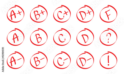 school results grade set. letters and grading marks in red circle for exam, test, homework. transparent png and vector illustration.