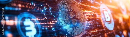 Futuristic digital currency landscape featuring glowing cryptocurrencies with vibrant colors and dynamic patterns.