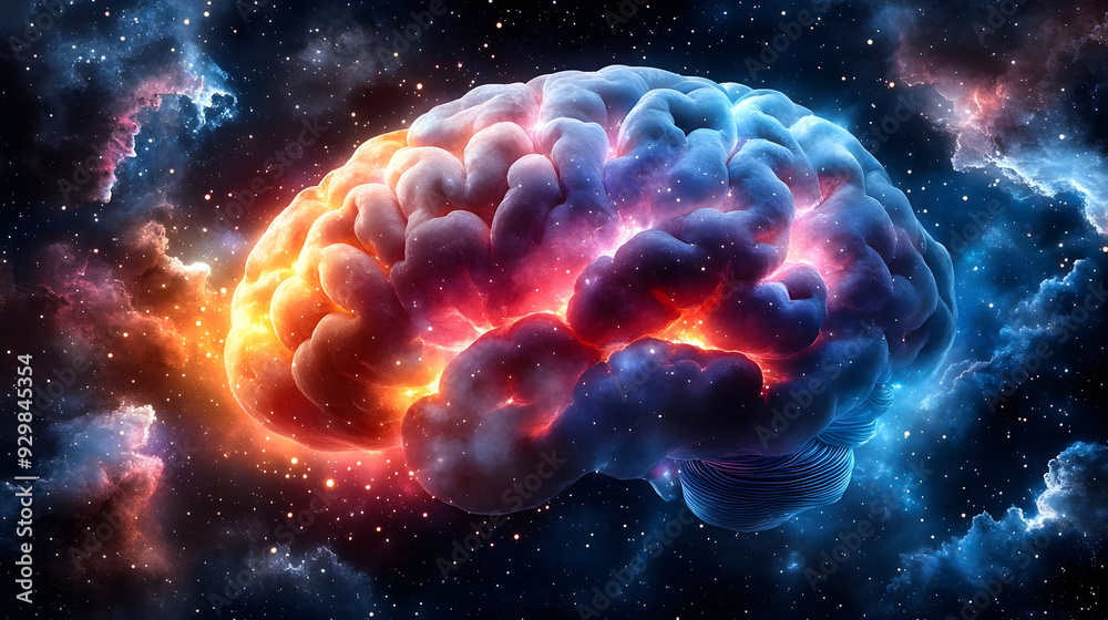 A vibrant brain illustration set in a cosmic background.