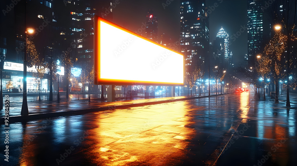 Obraz premium A vibrant city street at night featuring a blank billboard.