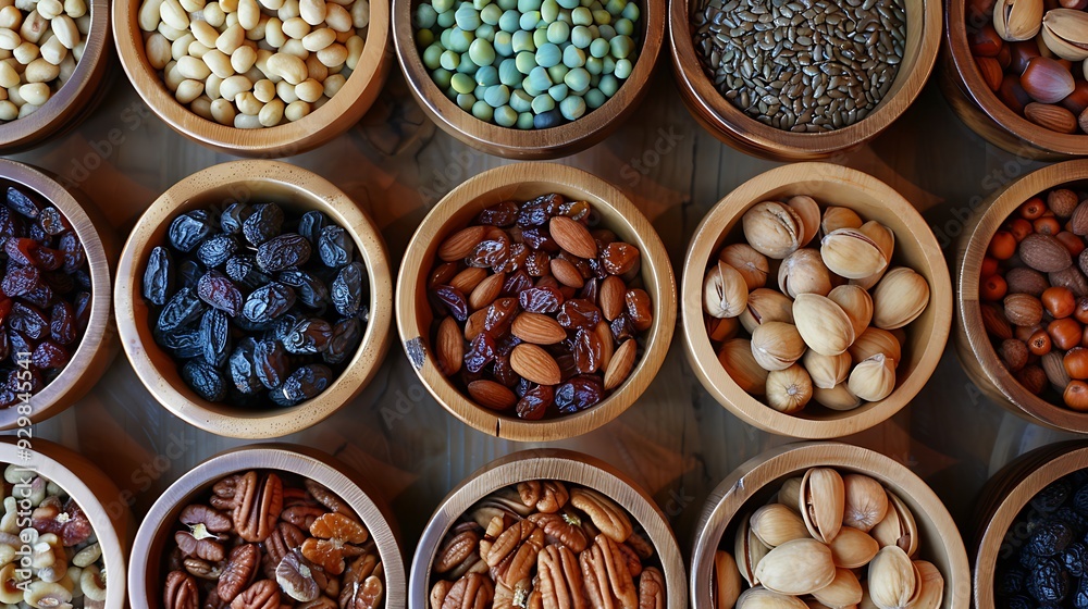 Brightly colored nuts and raisins in oak bowls a detail of the vibrant