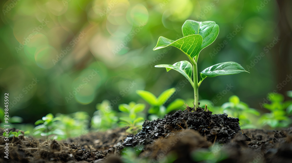 Small green plant sprouting from dark soil with vibrant leaves in a sunlit natural background symbolizing growth and environmental care Small green plant sprouting from dark soil with vibrant leaves in a sunlit natural background symbolizing growth and environmental care