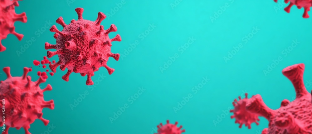 Red virus cells on blue background, 3D illustration. Red virus cells on blue background, 3D illustration.