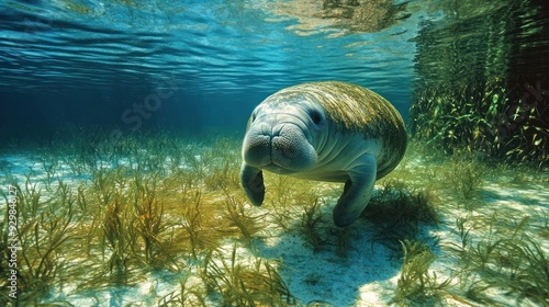 Manatee Swimming in Shallow Waters photo