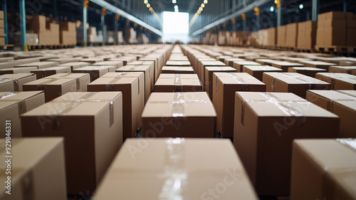 Cardboard boxes arranged in a distribution warehouse factory