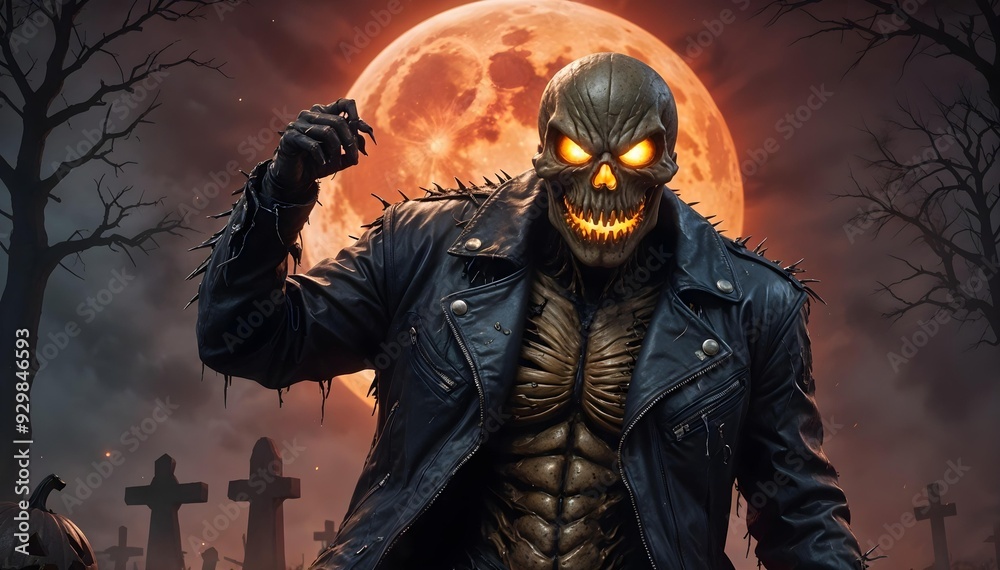 Creepy jack o lantern in bikers jacket. Halloween background Creepy jack o lantern in bikers jacket. Halloween background